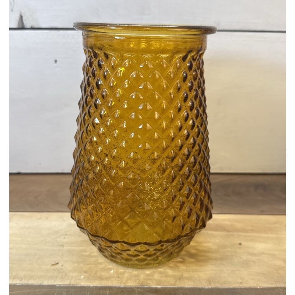 VTG AMBER GLASS VASE Diamond Cut Flared 8”x5” Sunburst Amber